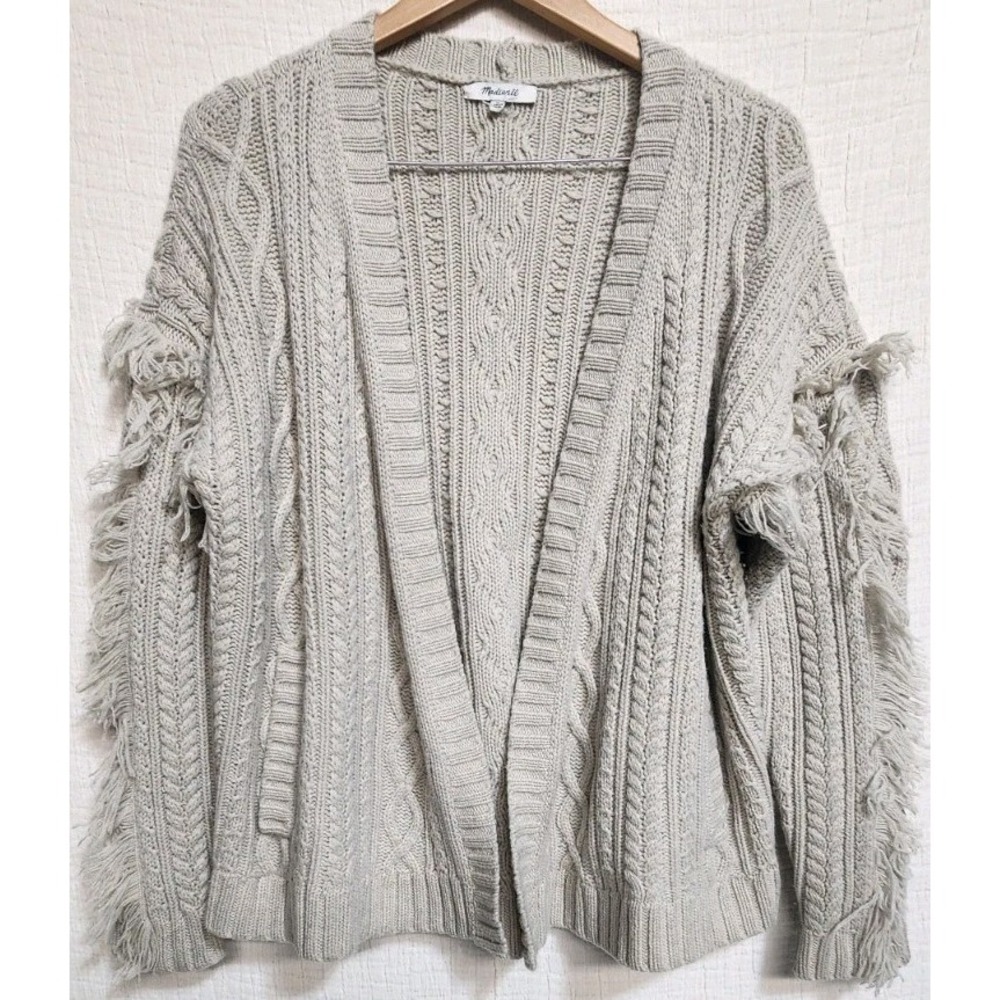Madewell Cableknit Fringe Open Front Cardigan 100% Wool Beige Womans Sz M Pocket